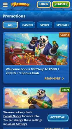 Promotions mobile page screenshot of Pandido Casino