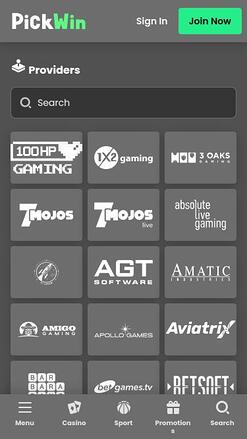PickWin Casino game developers mobile page