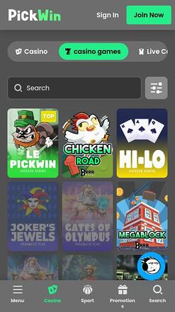 PickWin Casino games mobile page