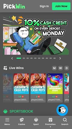 PickWin Casino mobile homepage