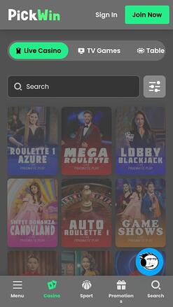 PickWin Casino live dealer mobile page