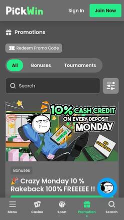 PickWin Casino promotions mobile page