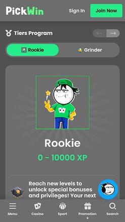 PickWin Casino VIP mobile page