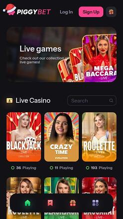 PiggyBet Casino Live Dealer Mobile