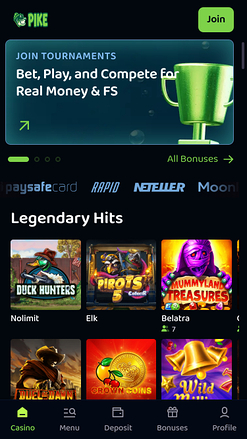 Pike Casino Mobile Homepage