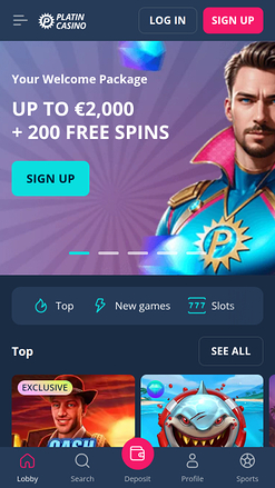 Platin Casino Mobile Homepage