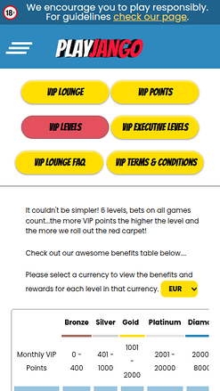 Play Jango Casino Mobile VIP Program