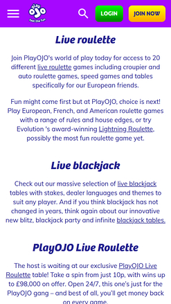 PlayOJO Casino Mobile Live Dealer