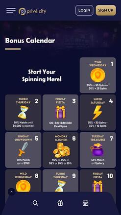 Prive City Casino bonus calendar mobile page