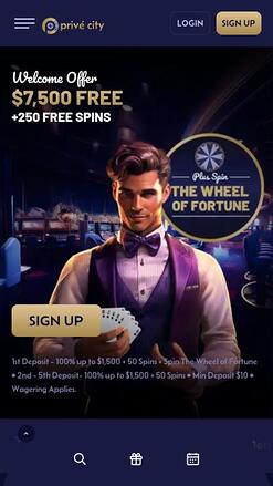 Prive City Casino mobile homepage