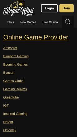 Regal Wins Casino game developers mobile page