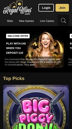 Regal Wins Casino mobile homepage