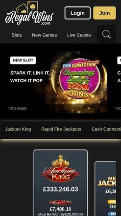 Regal Wins Casino jackpot mobile page