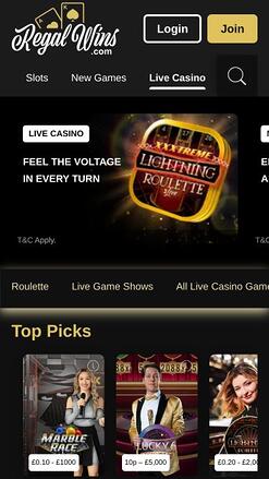 Regal Wins Casino live dealer mobile page
