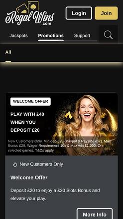 Regal Wins Casino promotions mobile page