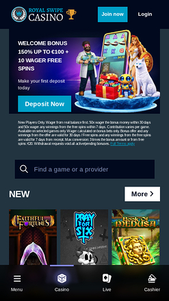 Royal Swipe Casino Mobile Homepage
