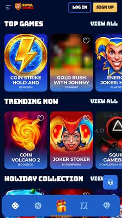Games mobile page screenshot of RoyalSpinia Casino
