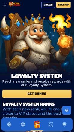 Loyalty program mobile page screenshot of RoyalSpinia Casino