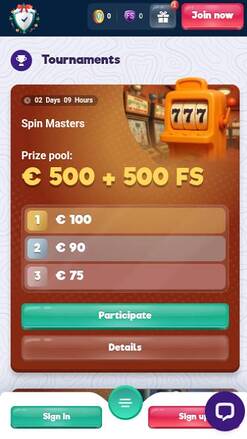 Tournaments mobile page screenshot of SafeCasino