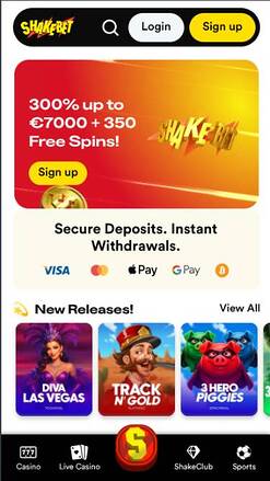 Homepage mobile screenshot of Shakebet Casino