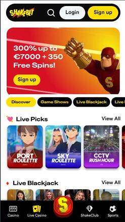 Live mobile page screenshot of Shakebet Casino