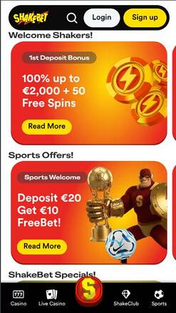 Promotions mobile page screenshot of Shakebet Casino