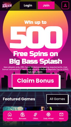 Slots Racer Casino Mobile Homepage