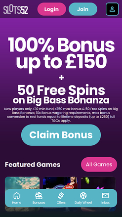 Slots52 Casino Mobile Homepage