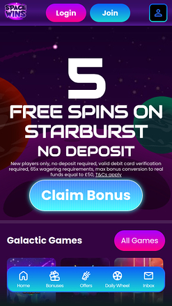Space Wins Casino Mobile Homepage