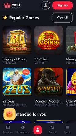 Games page mobile screenshot of SpinEmpire Casino