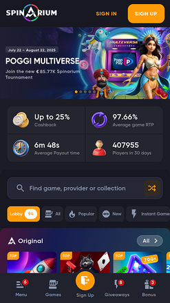 Spinarium Casino Mobile Homepage