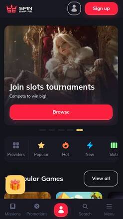 Homepage mobile screenshot of SpinEmpire Casino