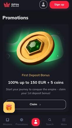 Promotions mobile screenshot of SpinEmpire Casino