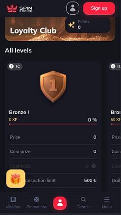 Loyalty program page mobile screenshot of SpinEmpire Casino