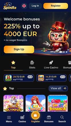 Spinita Casino mobile homepage