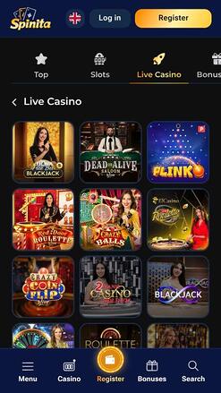 Spinita Casino live dealer mobile page