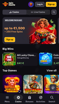 Homepage screenshot of Spinmacho Casino for Mobile