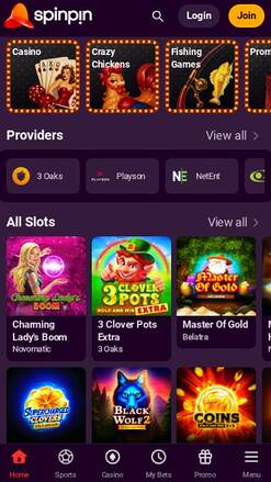 Homepage mobile screenshot of SpinPin Casino
