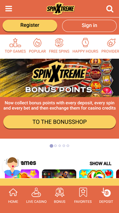 Homepage screenshot of SpinXtreme for Mobile