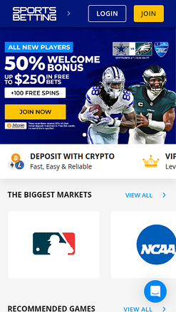 Sports Betting Casino Mobile Homepage