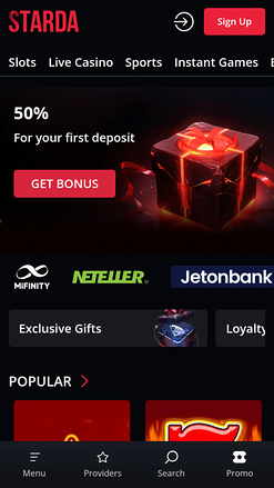 Starda Casino Mobile Homepage