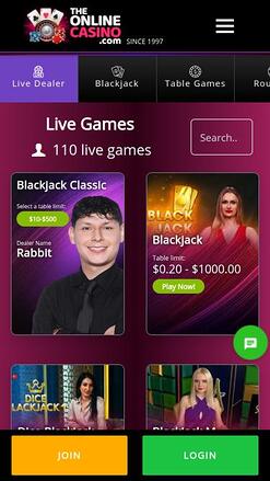 TheOnlineCasino live dealer mobile page