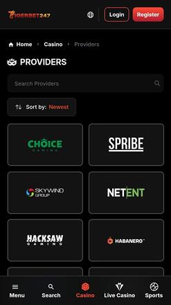 TigerBet247 Casino game developers mobile page
