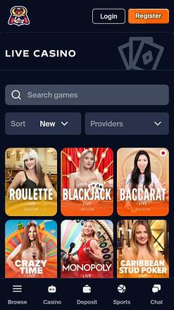 Toshi.bet Casino live dealer mobile page