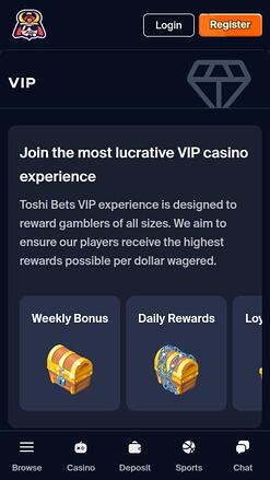 Toshi.bet Casino VIP mobile page