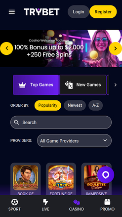 Trybet Casino Mobile Homepage