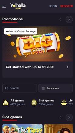 ValhallaWins Casino Mobile Homepage