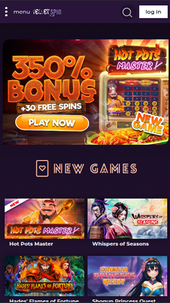 Velvet Spin Mobile Homepage