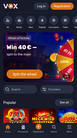Vox Casino Mobile Homepage