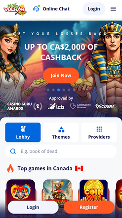 VulkanVegas Casino Mobile Homepage
